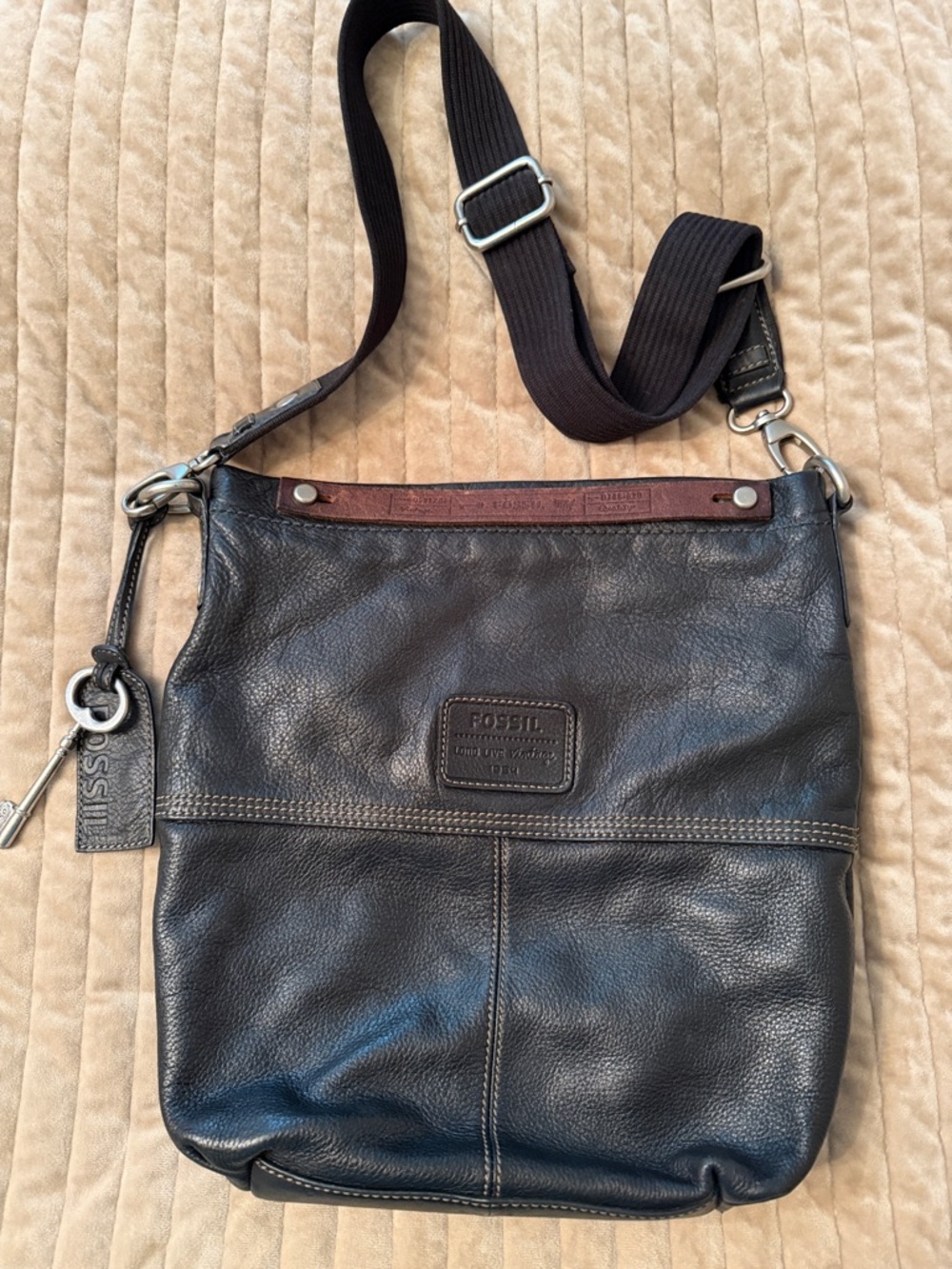 Fossil Black Leather Messenger Crossbody with Brown Trim